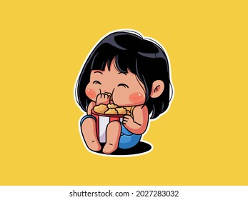 Cute and kawaii Girl Eat and Enjoy a Bucket of Chicken manga chibi Illustration