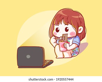 Cute and kawaii Girl eat noodle while watching movie on laptop Manga Chibi Illustration