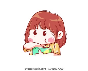 Cute and kawaii Girl Eat Snack Chibi Illustration