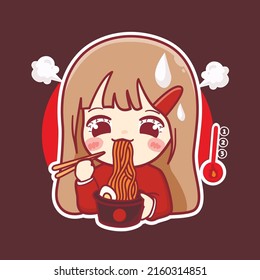 Cute Kawaii Girl Eating A High Level Of Spicy Hot Noodles With Spiciness Face 