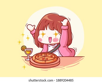 Cute and kawaii Girl Excited To Eat Food manga chibi Illustration