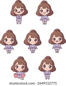 Cute Kawaii Girl Face Expression Set Illustration