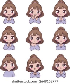 Cute Kawaii Girl Face Expression Set Illustration
