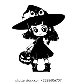 Cute kawaii girl in funny witch hat. Black little witch silhouette. Anime cartoon style. Halloween trick or treat funny character. Vector flat illustration isolated on white background.