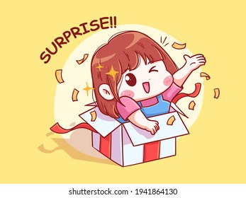 Cute and kawaii Girl Give Surprise from Present Box Chibi Illustration