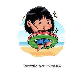 Cute and kawaii Girl is happy on buoy when the summer is coming, Chibi Illustration