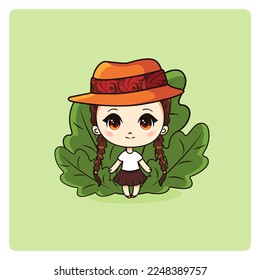 Cute and kawaii girl in hat. Happily manga chibi girl with leaves. Vector Illustration. All objects are isolated. Art for prints, covers, posters and any use.