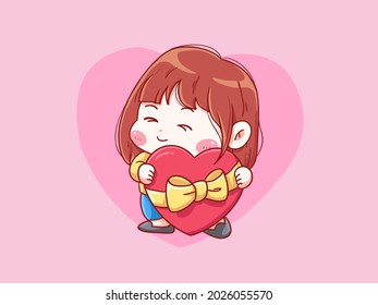 Cute and kawaii Girl Hold Heart Shape Gift Box manga chibi Illustration