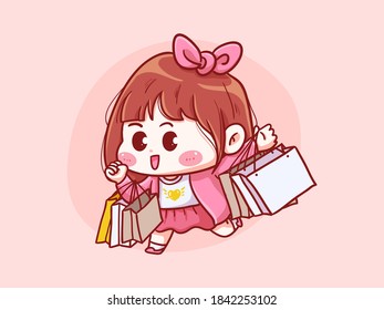 Cute and kawaii Girl Holding Shopping Bag manga chibi Illustration