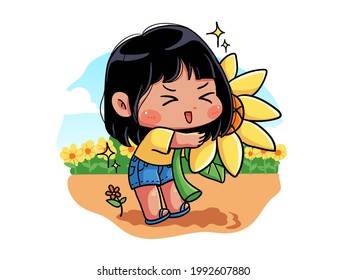 Cute and kawaii Girl is hug a sunflower because summer is coming, Chibi Illustration