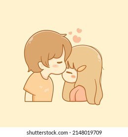 Cute kawaii girl kissing her boyfriend cartoon character illustration