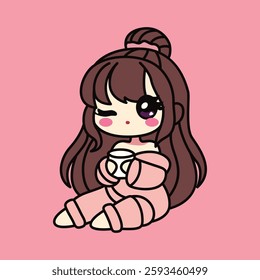 Cute kawaii girl with long hair wearing cozy pajamas and holding a warm drink. Perfect for relaxation, winter, and self-care themes.