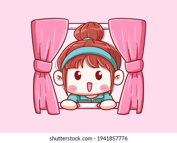 Cute and kawaii Girl Open Window In The Morning Chibi Illustration