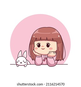 Cute and kawaii girl with pink hoodie bunny and cute rabbit cartoon manga chibi character