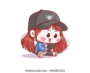 Cute and kawaii Girl Playing with Smartphone Manga Chibi Illustration