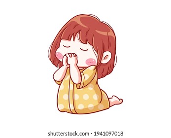 Cute and kawaii Girl Pray on Knee Before Sleep Chibi Illustration