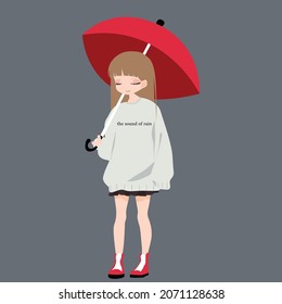 Cute and kawaii girl with red umbrella.  Colorful vector illustration in cartoon style. Anime girl. Anime style. Manga illustration.