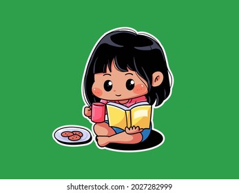 Cute and kawaii Girl Relax Eat Cookie and Read Book manga chibi Illustration