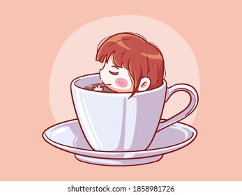 Cute and kawaii Girl Relax and Soak In a Cup of coffee Manga Chibi Illustration