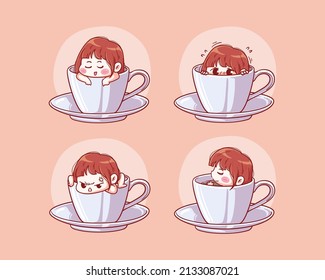 Cute and kawaii Girl Relax, Soak Hide and Getting out of a Cup of coffee Manga Chibi Illustration