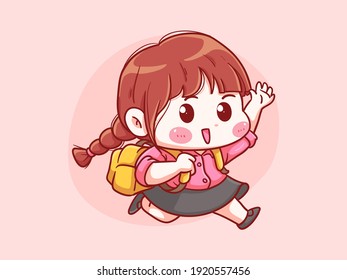 Cute and kawaii Girl running go to school with backpack Manga Chibi Illustration