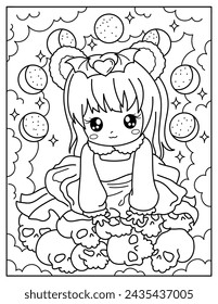 Cute kawaii girl sitting on turtles.Coloring book for children. Coloring book for adults. Halloween.