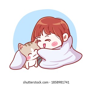 Cute And Kawaii Girl Snuggle With Cat Under The Blanket Because Of Winter Manga Chibi Illustration