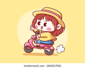 Cute And Kawaii Girl With Straw Hat Riding Scooter For Delivery Manga Chibi Illustration