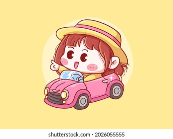 Cute and kawaii Girl With Straw Hat Drive convertible car manga chibi Illustration