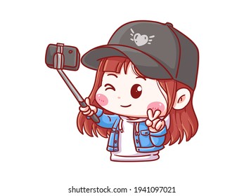 Cute and kawaii Girl Take Photo with Selfie Stick Manga Chibi Illustration