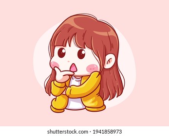 Cute and kawaii Girl Thinking Pose Chibi Illustration