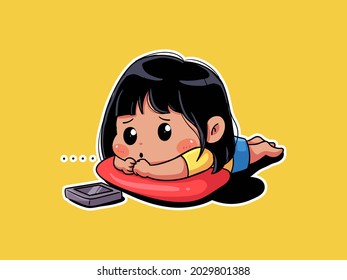 Cute and kawaii Girl waiting call on the phone manga chibi Illustration