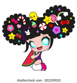 Cute kawaii girl with watermelon and lots of fun pins on the head with chicken