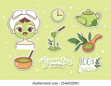 Cute Kawaii Girl Wear Greentea Mask With Greentea Leaf Elements