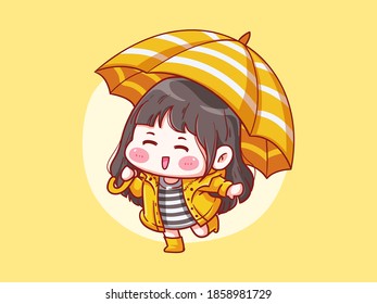 Cute and kawaii Girl Wear Raincoat Play In the Rain Under The Umbrella Manga Chibi Illustration