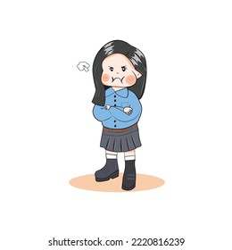 Cute and kawaii Girl wearing casual dress with angry expression.  Manga Chibi Illustration isolated on white background. 