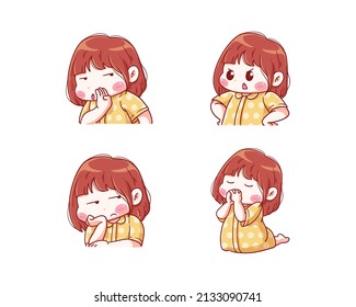 Cute and kawaii Girl Whisper, angry, sad, and pray Manga Chibi Illustration