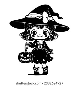 Cute kawaii girl in witch hat with pumpkin basket. Black little witch silhouette. Anime cartoon style. Halloween trick or treat funny character. Vector flat illustration isolated on white background.