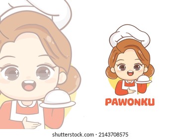 Cute Kawaii Girl Woman Chef Happy Smile Face Logo