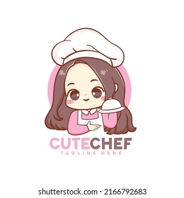 Cute Kawaii Girl Woman Chef Happy Smile Face Logo