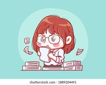 Cute and kawaii Girl Working on paper manga chibi Illustration