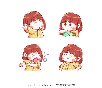 Cute and kawaii Girl yawn, Sleepy, Eat Snack, and Proud Chibi Illustration