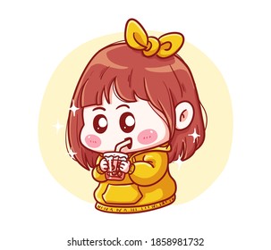 Cute and kawaii Girl in Yellow Hoodie Drink Boba Milk Tea Manga Chibi Illustration