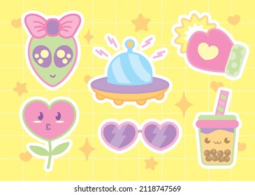 Cute Kawaii Girly Style Sticker Graphic Elements Illustration Vector