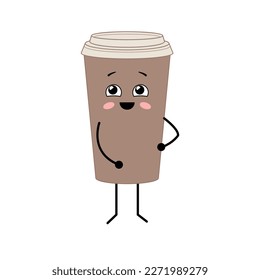 Cute kawaii glass of coffee to go. Cartoon character paper coffee cup. Vector illustration isolated on white background