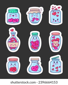 Cute kawaii glass jar with hearts inside. Sticker Bookmark. Happy Valentines Day. Love in the bottle characters. Hand drawn style. Vector drawing. Collection of design elements.