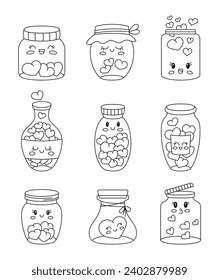 Cute kawaii glass jar with hearts inside. Coloring Page. Happy Valentines Day. Love in the bottle characters. Hand drawn style. Vector drawing. Collection of design elements.