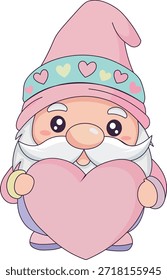 Gnome Kawaii bonito abraçando um coração rosa grande, pastel macio 80s estilo retro, Dia dos Namorados romântico Gonk Personagem para Adesivos de Amor, impressões e presentes românticos.
