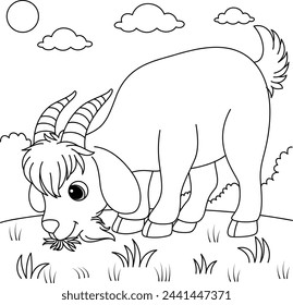 Cute kawaii a goat is grazing on the meadow cartoon character coloring page vector illustration