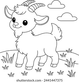 Cute kawaii a goat is grazing on the meadow cartoon character coloring page vector illustration